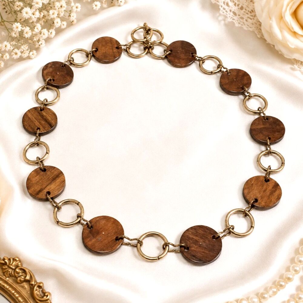 Vintage Gold Tone Wood Disc Link Chain Belt Retro Mod Boho Waist Belt